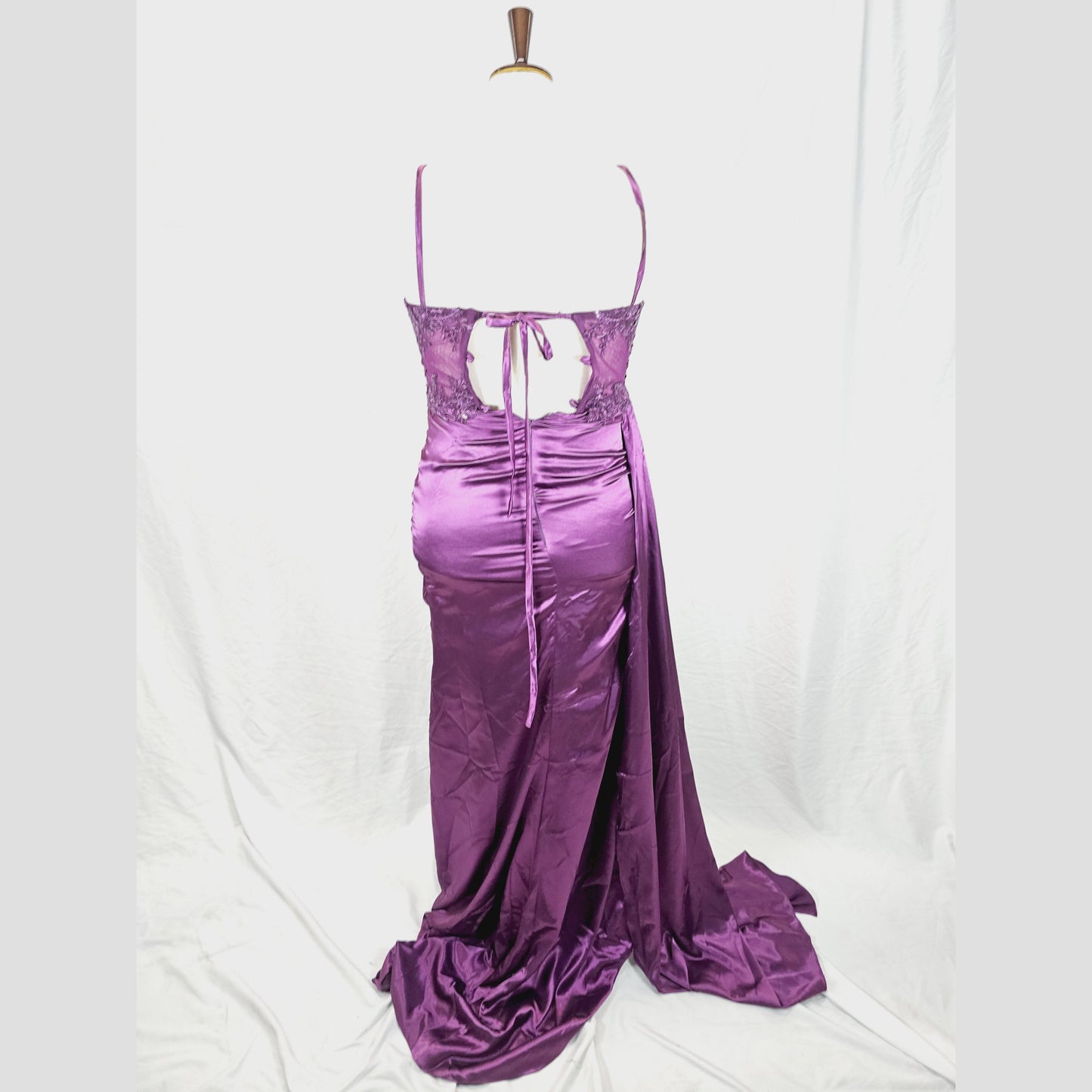 Elegant Purple Satin Maxi Dress with Lace Back for Special Occasions