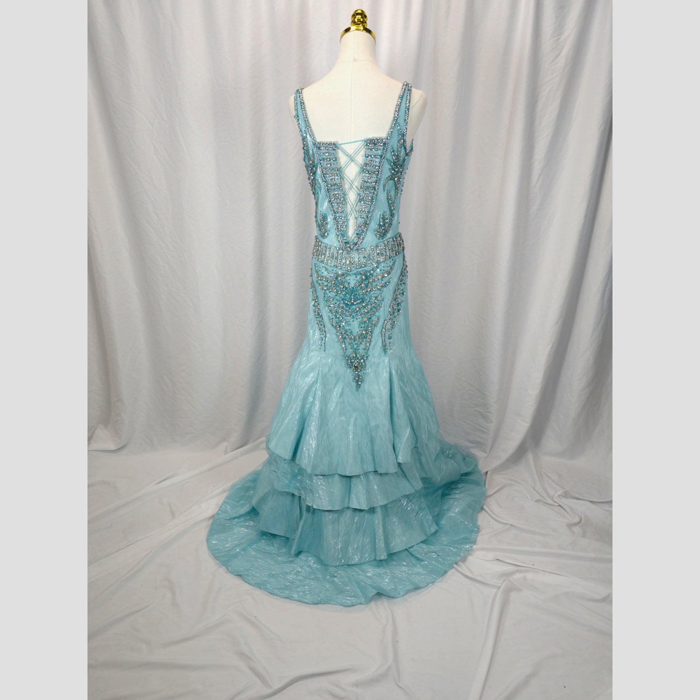 Show-Stopping Azure Embellished Backless Evening Gown