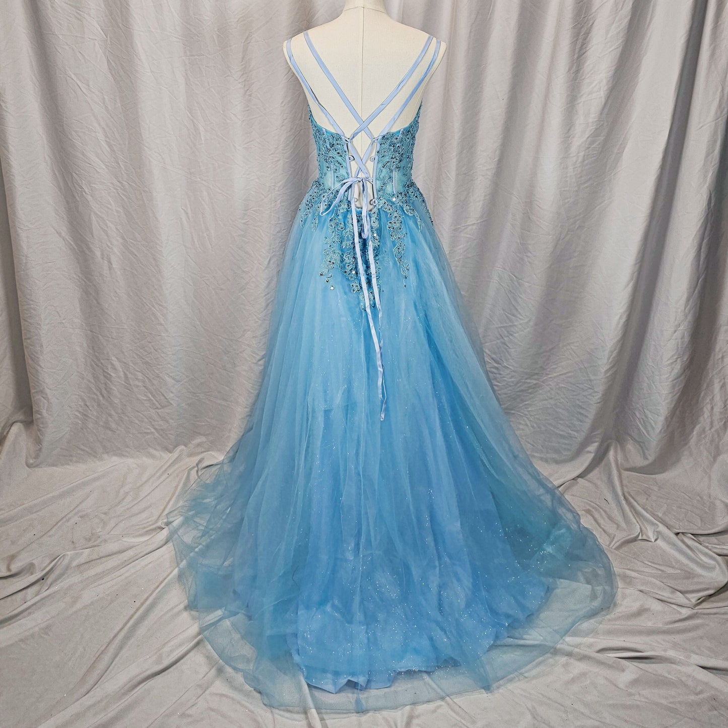 Mesmerizing Sky Blue Tulle Gown with Dazzling Embroidery