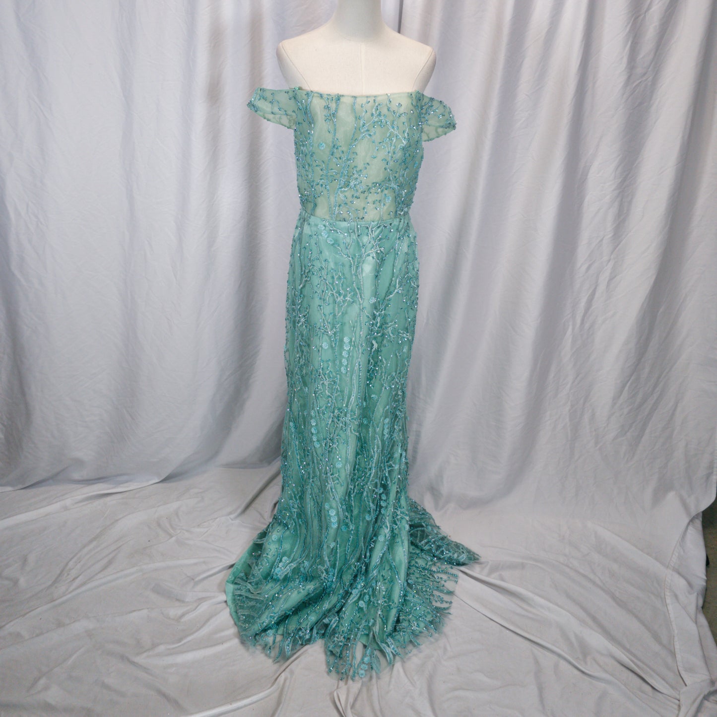 Dazzling Seafoam Lace Off-Shoulder Gala Gown