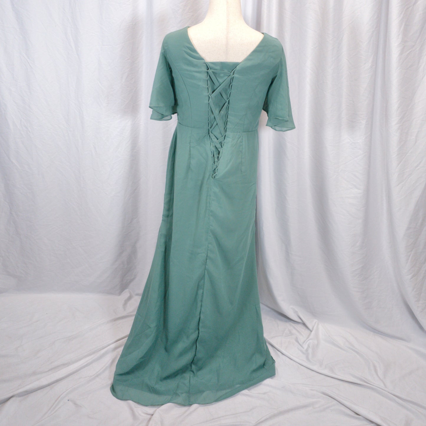 Enchanted Sage Chiffon Dress with Dazzling Floral Accent