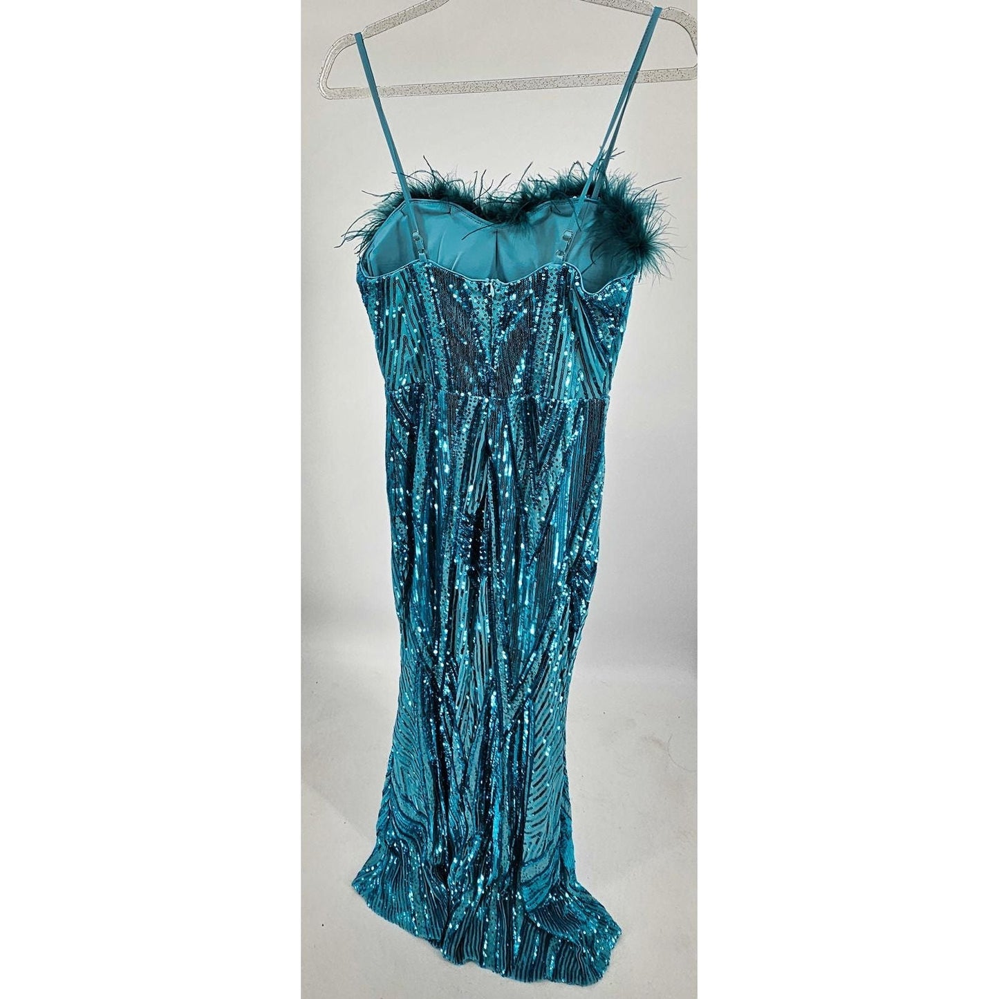 Sparkle Queen Sequin Evening Dress with Feather Trim