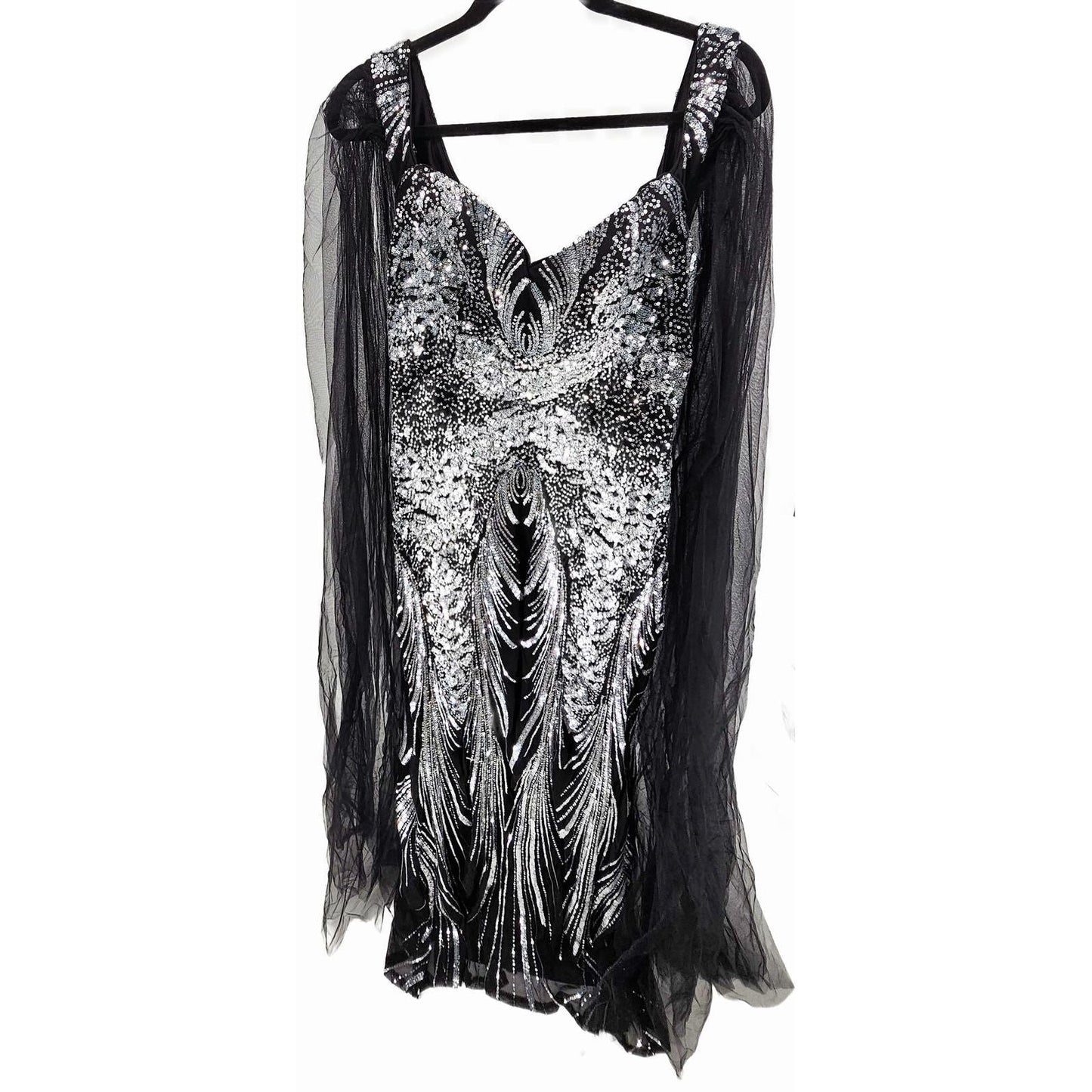 Sequined Evening Dress with Dramatic Sheer Sleeves