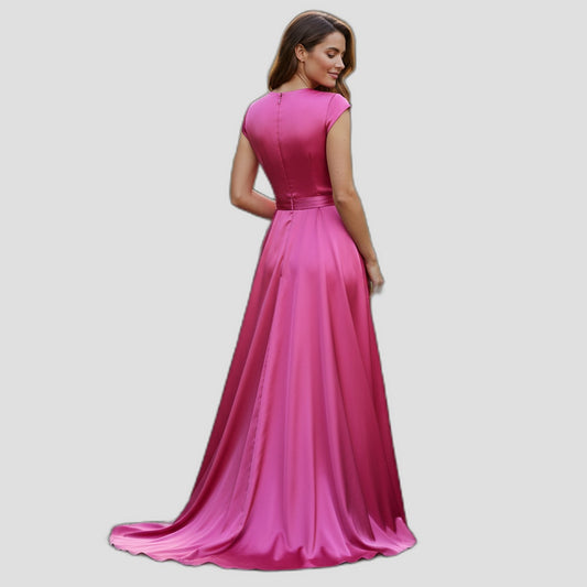 Elegant Pink Satin Evening Gown with Belted Waist