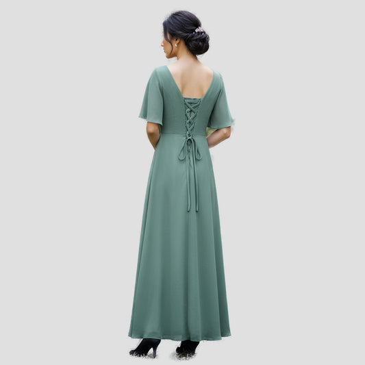 Enchanted Sage Chiffon Dress with Dazzling Floral Accent
