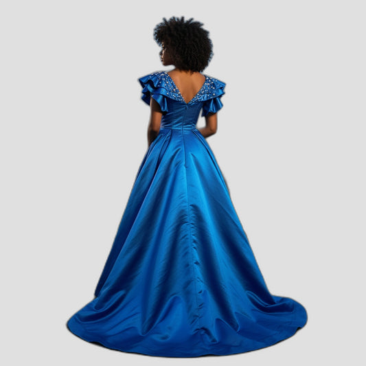 Royal Dynamics: Sapphire Ball Gown with Dramatic Flair