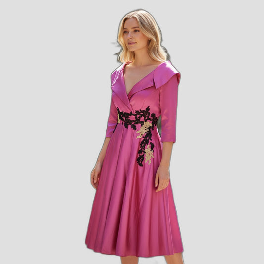 Chic Fuchsia Satin Midi Dress with Statement Collar