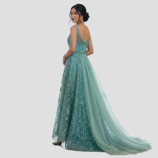 Dazzling Seafoam Lace Off-Shoulder Gala Gown