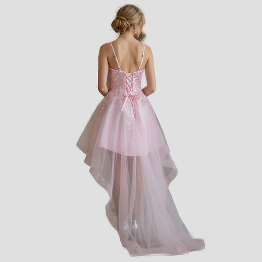 Dazzling Pink Glamour: High-Low Embroidered Evening Dress