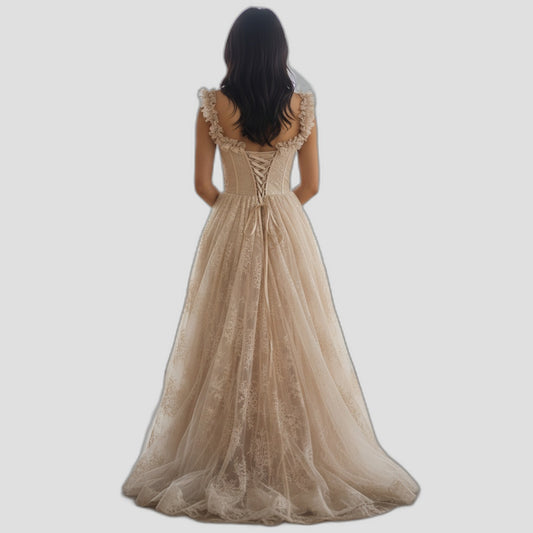 Elegant Lace Maxi Dress with Ruffled Sleeves – Perfect for Weddings
