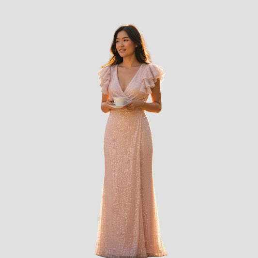 Whimsical Flutter Glamour Gown - Shine in Blush Pink!