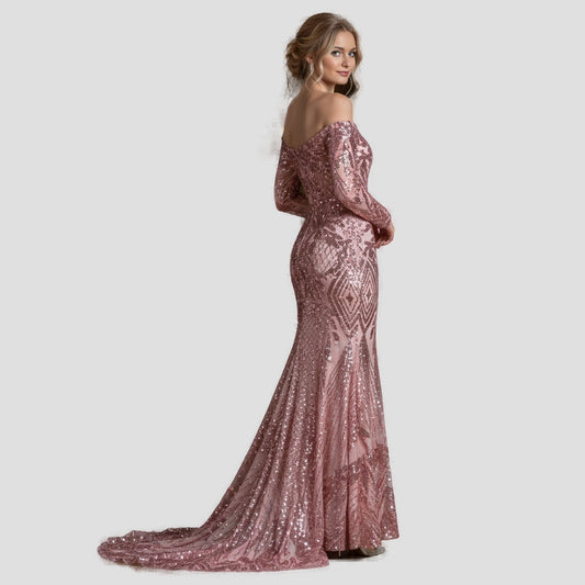 Dazzling Rose Gold Sequin Off-Shoulder Gown for Glam Events