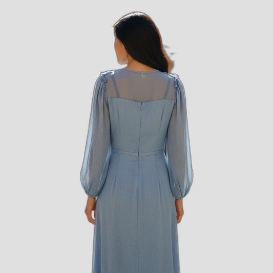 Elegant Blue Chiffon Midi Dress with Sheer Sleeves for Special Occasions