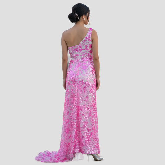 Dramatic Pink Floral One-Shoulder Gown for Unforgettable Nights
