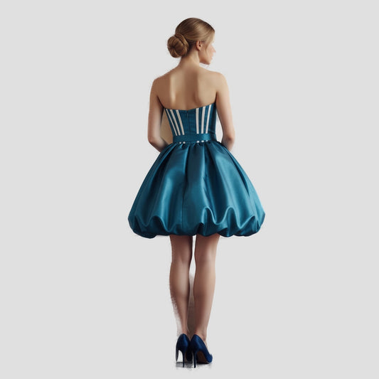 Dramatic Teal Satin Strapless Party Dress - Fierce & Flirty Vibes