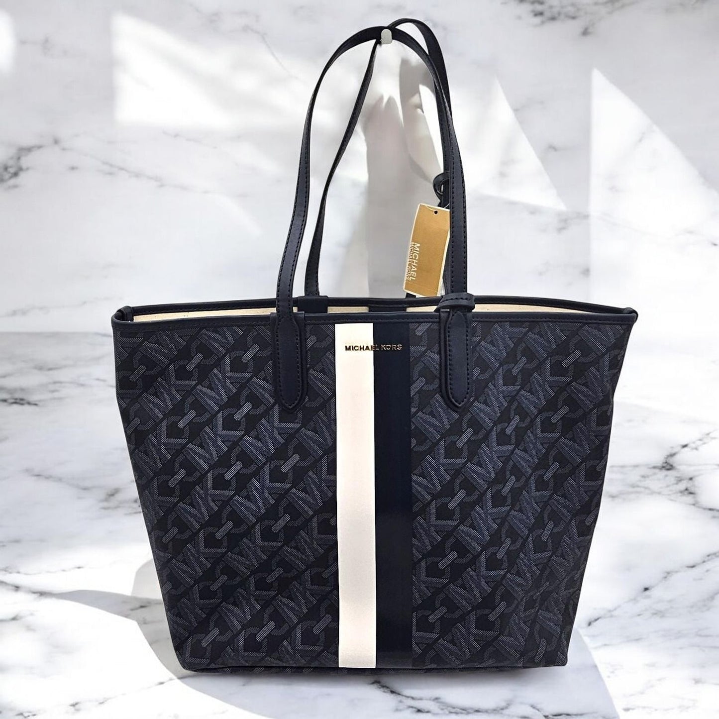 Logo Stripe Tote Handbag with Matching Pouch