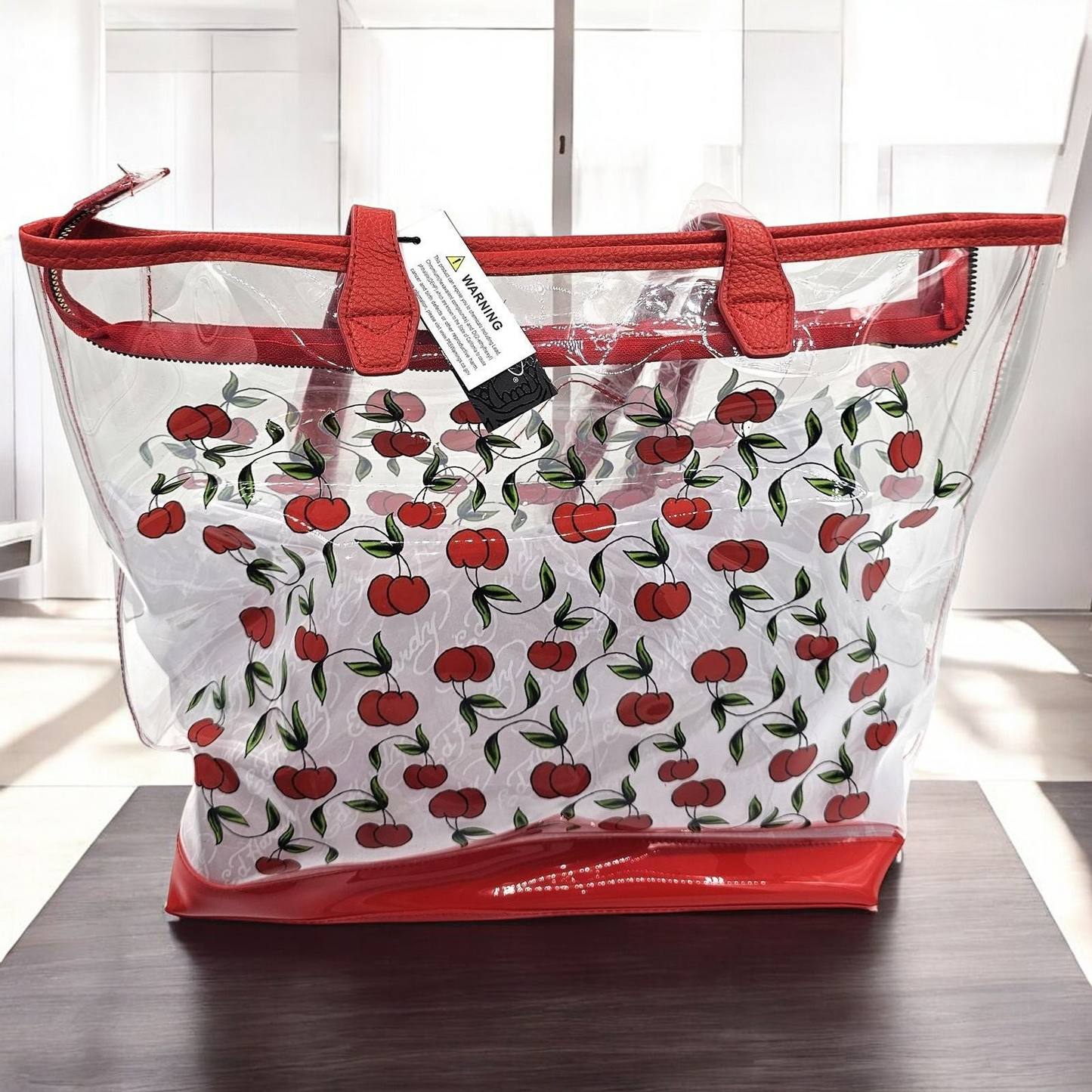 Cherry Bomb Clear Tote Bag with Trim and Inner Pouch