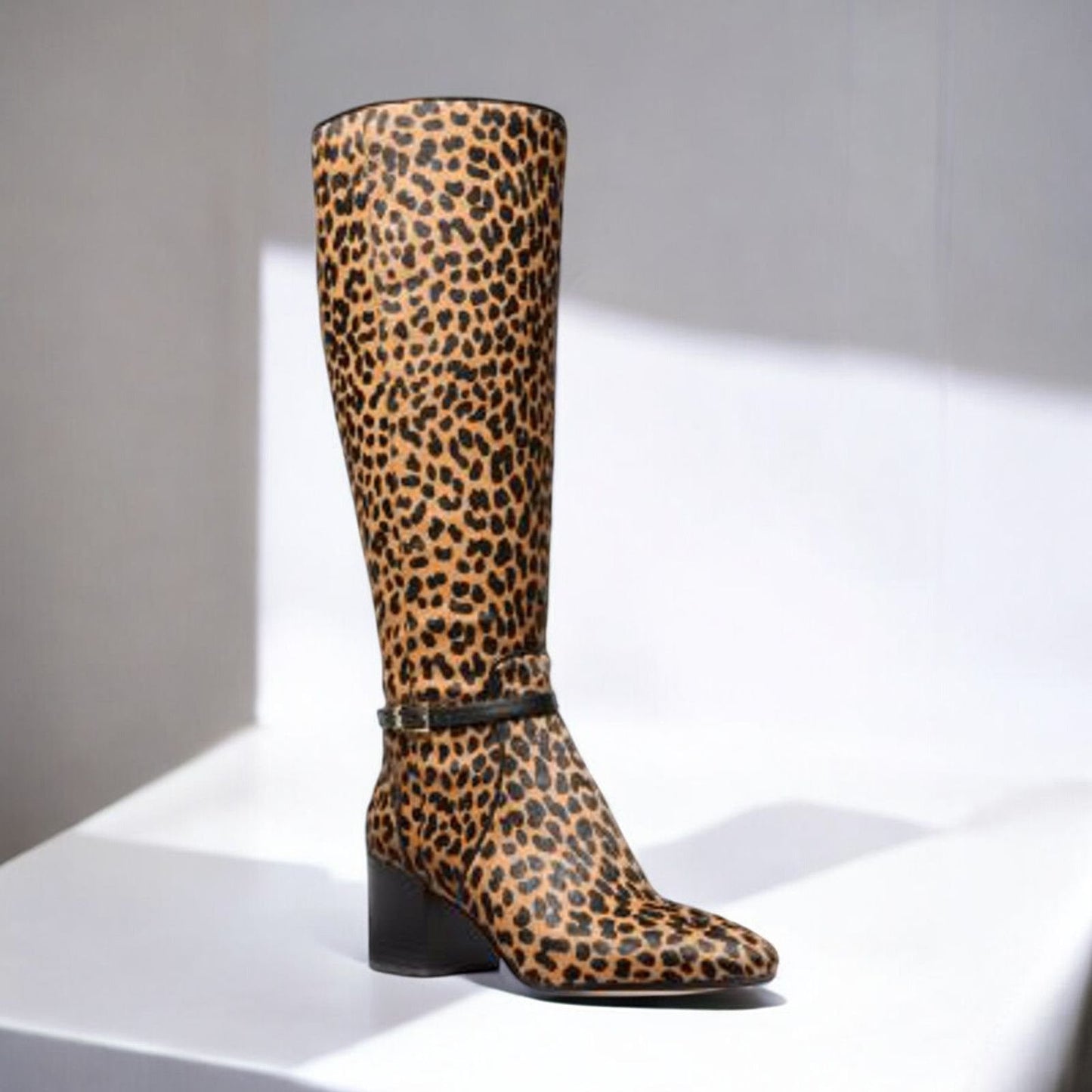 Ella Leopard Print Calf Hair Block Heel Boot