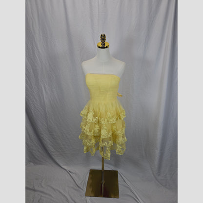 Yellow Ruffled Strapless Dress with Lace Trim for Summer Events