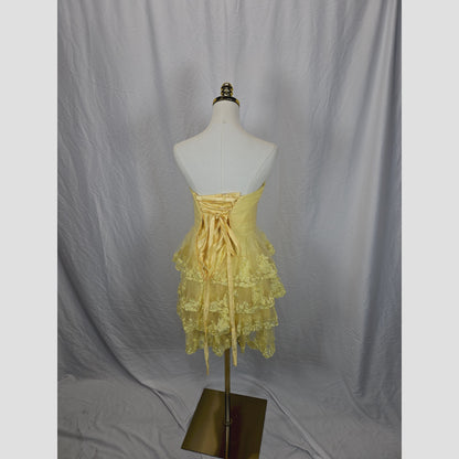 Yellow Ruffled Strapless Dress with Lace Trim for Summer Events