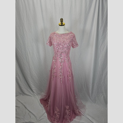 Elegant Blush Pink Tulle Evening Gown with Embroidery