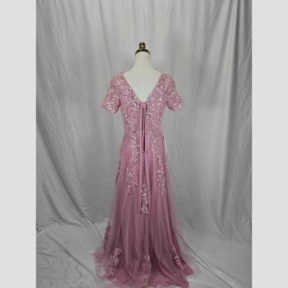 Elegant Blush Pink Tulle Evening Gown with Embroidery