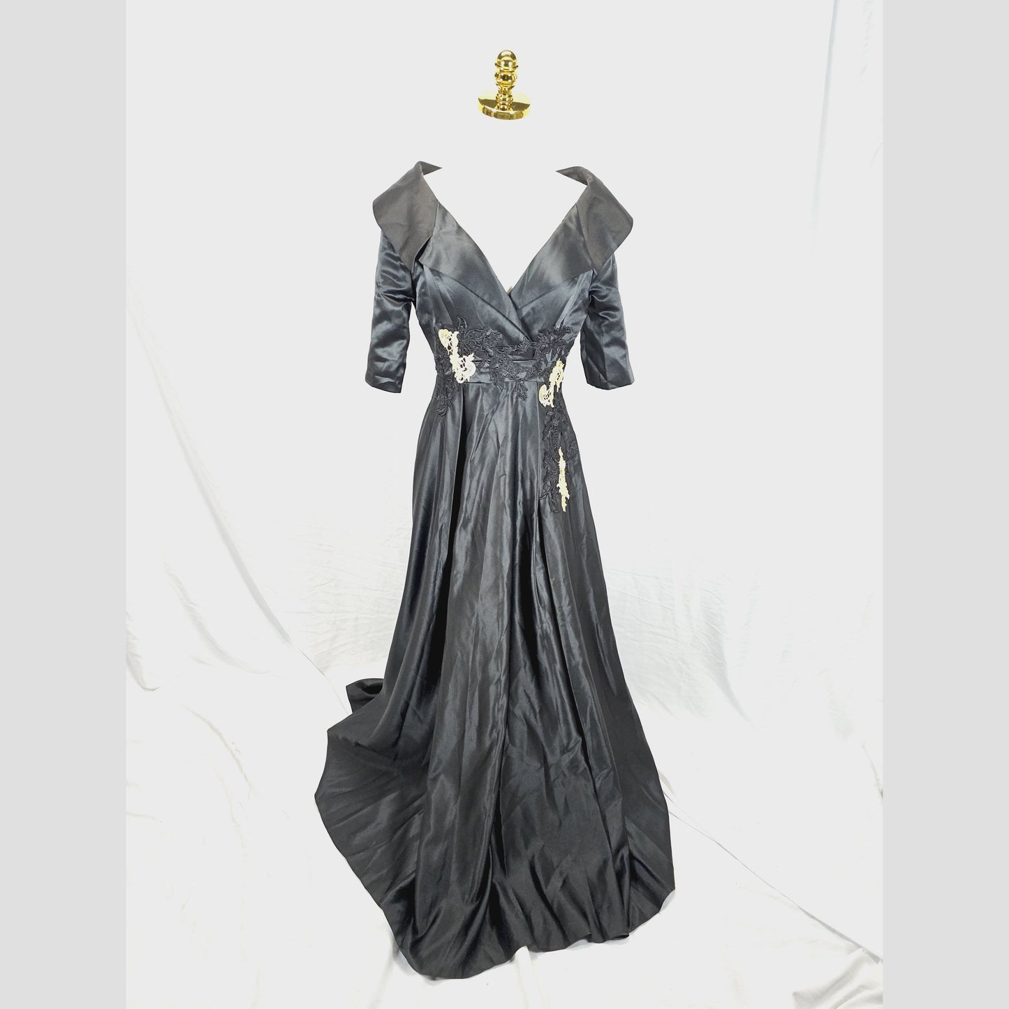 Elegant Black Satin Evening Gown with Dramatic Collar