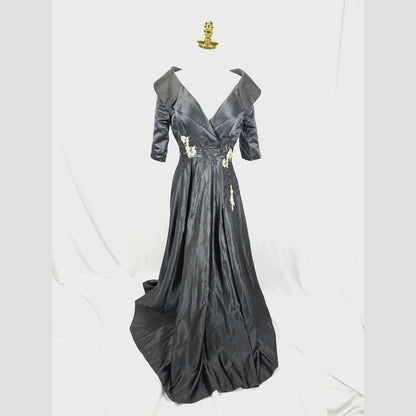 Elegant Black Satin Evening Gown with Dramatic Collar