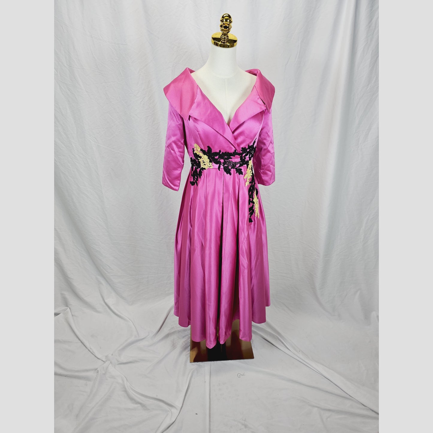 Chic Fuchsia Satin Midi Dress with Statement Collar