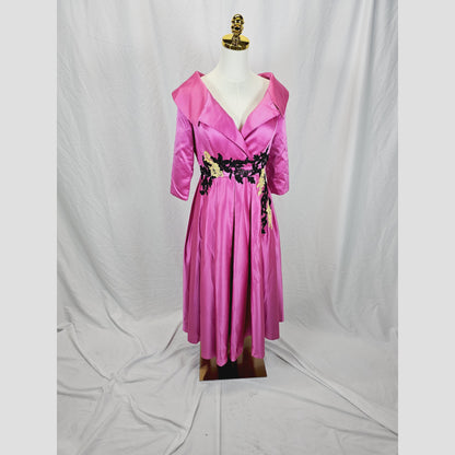 Chic Fuchsia Satin Midi Dress with Statement Collar