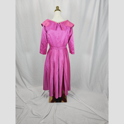 Chic Fuchsia Satin Midi Dress with Statement Collar