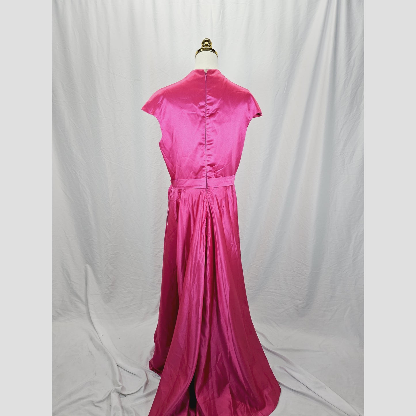 Elegant Pink Satin Evening Gown with Belted Waist