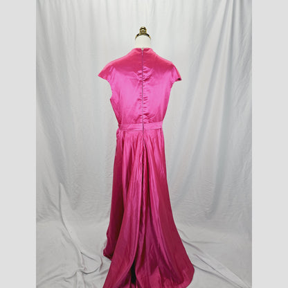 Elegant Pink Satin Evening Gown with Belted Waist