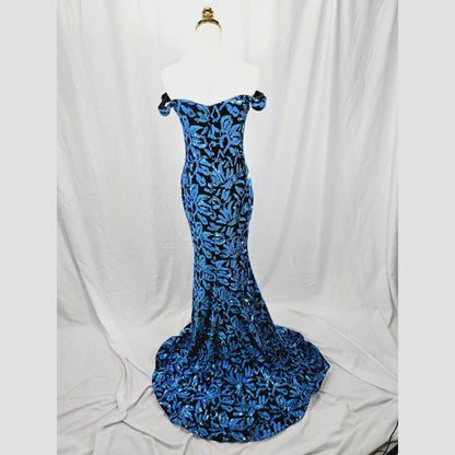 Haute Couture Elegant Blue Off-Shoulder Sequin Evening Gown for Special Occasions