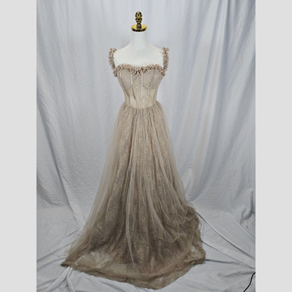 Elegant Lace Maxi Dress with Ruffled Sleeves – Perfect for Weddings