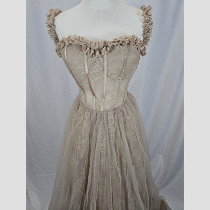 Elegant Lace Maxi Dress with Ruffled Sleeves – Perfect for Weddings