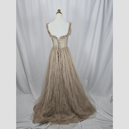 Elegant Lace Maxi Dress with Ruffled Sleeves – Perfect for Weddings