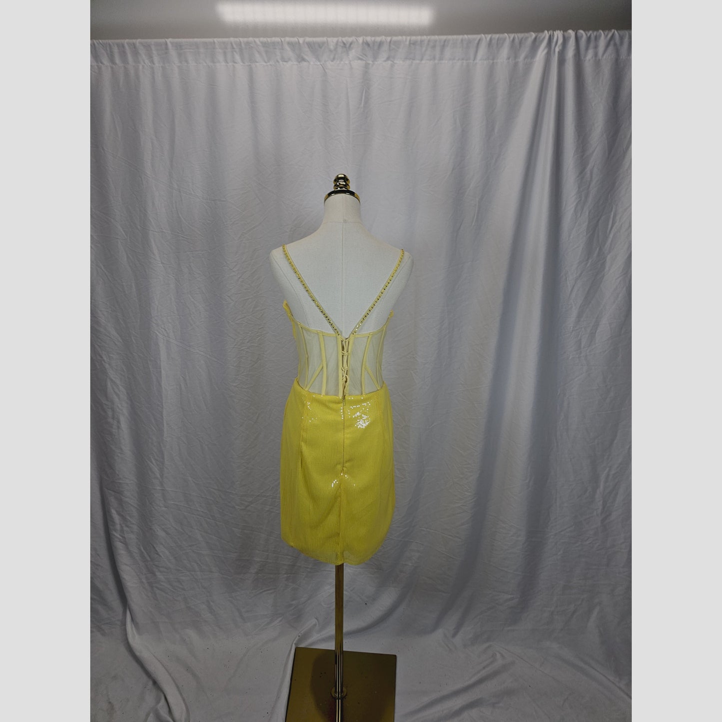 Dazzling Yellow Sequin Mini Dress with Criss-Cross Back