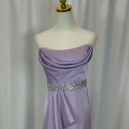 Dazzling Lavender Satin Gown with Glamorous Embellishments