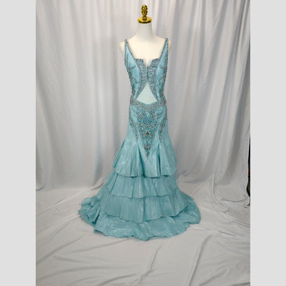 Show-Stopping Azure Embellished Backless Evening Gown