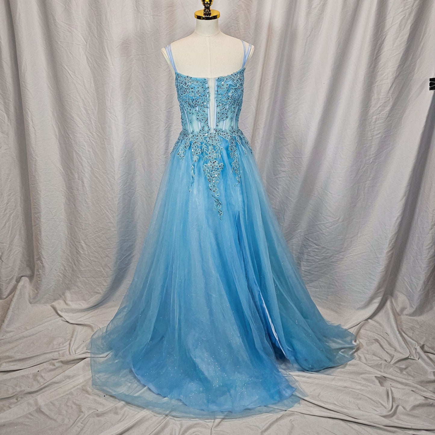 Mesmerizing Sky Blue Tulle Gown with Dazzling Embroidery