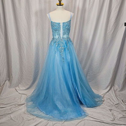 Mesmerizing Sky Blue Tulle Gown with Dazzling Embroidery