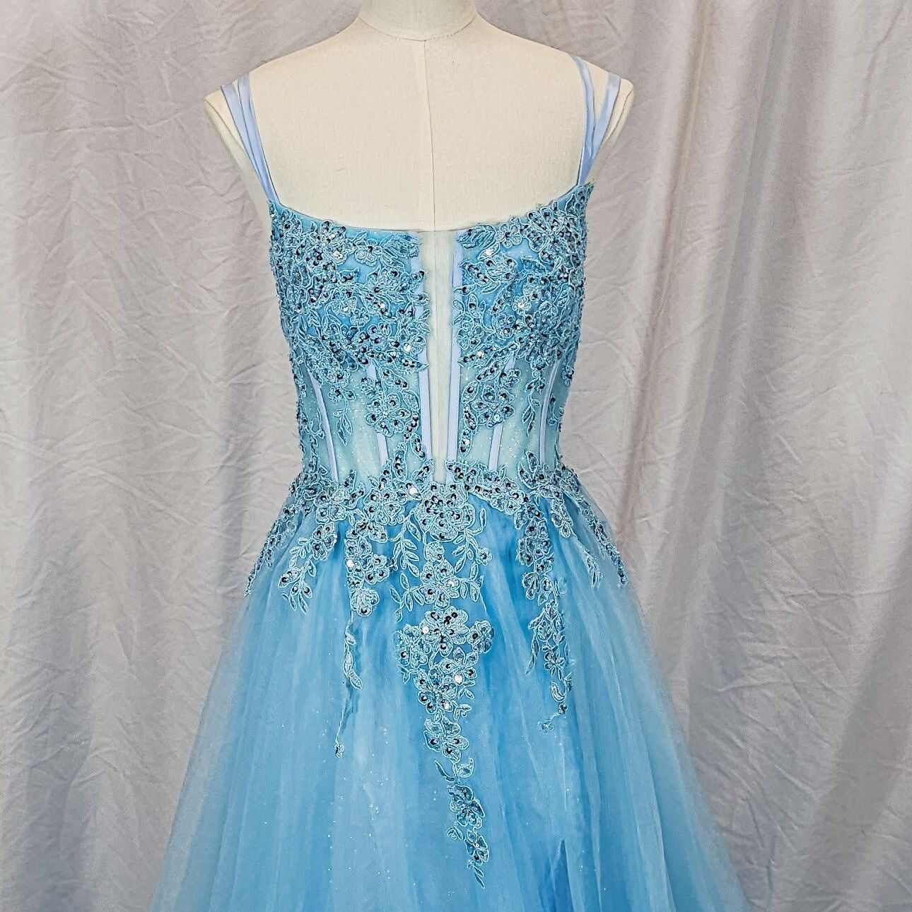 Mesmerizing Sky Blue Tulle Gown with Dazzling Embroidery