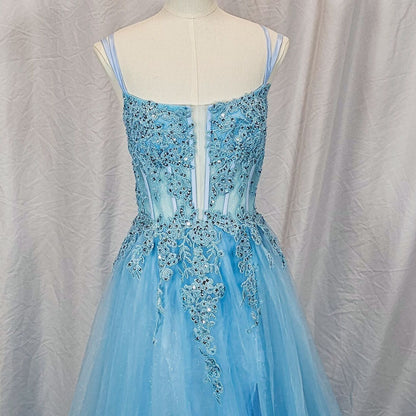 Mesmerizing Sky Blue Tulle Gown with Dazzling Embroidery
