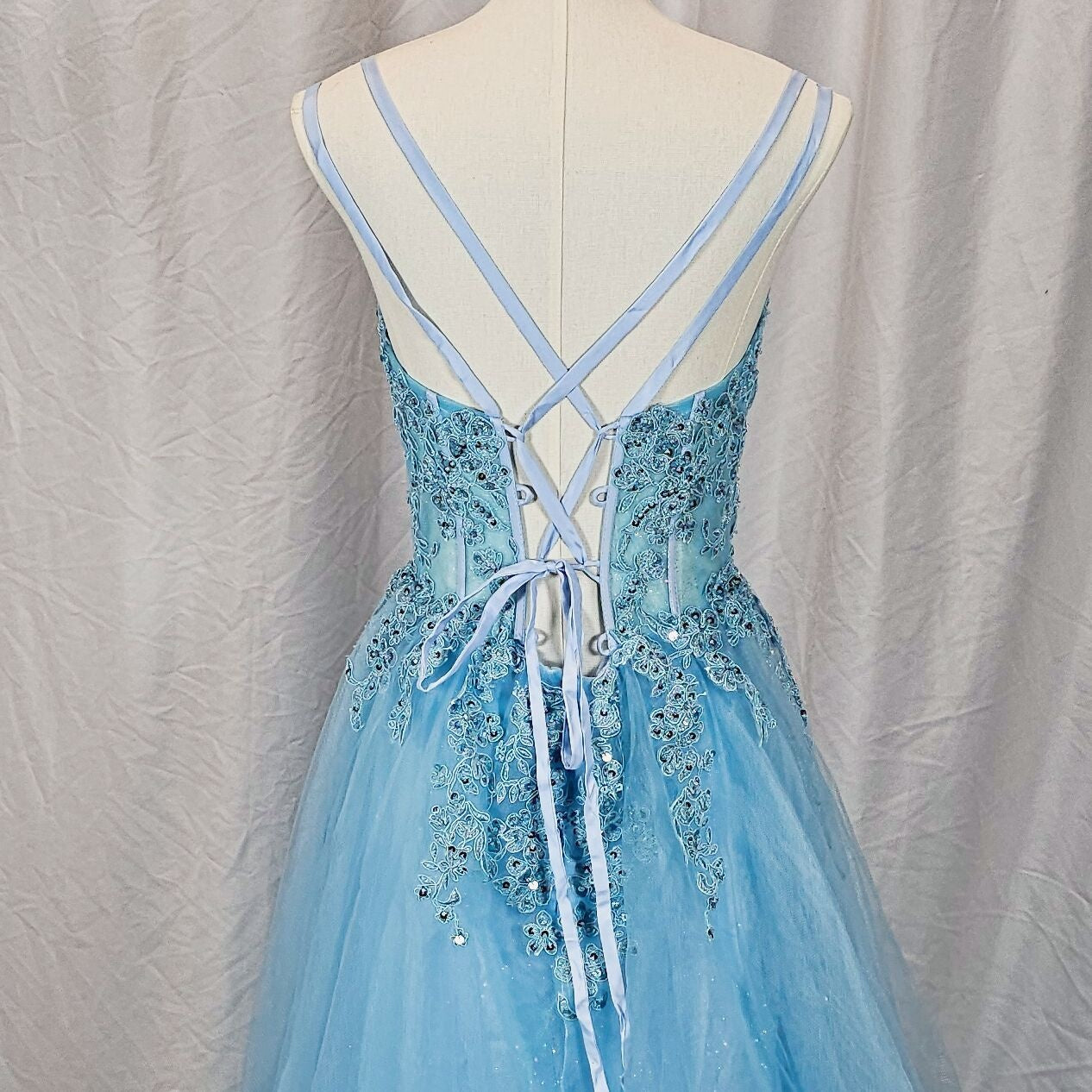 Mesmerizing Sky Blue Tulle Gown with Dazzling Embroidery