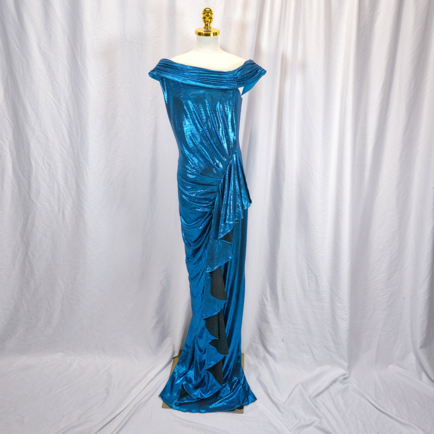 Dazzling Sapphire Shimmer Gown with Dramatic Cascade
