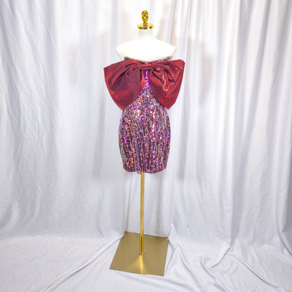 Dazzling Sequin Mini Dress with Bold Burgundy Bow