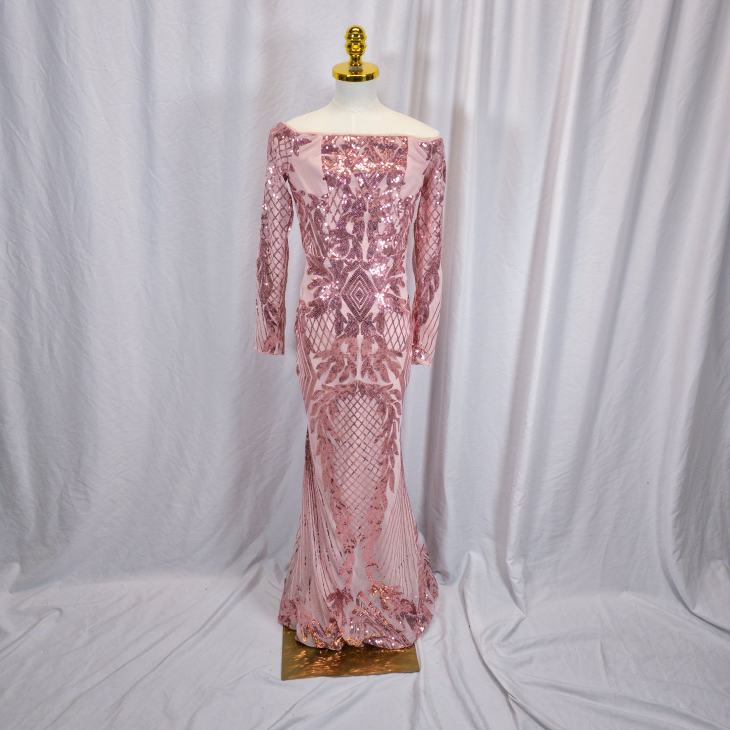 Dazzling Rose Gold Sequin Off-Shoulder Gown for Glam Events