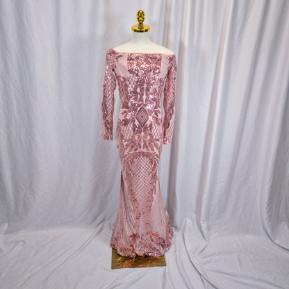 Dazzling Rose Gold Sequin Off-Shoulder Gown for Glam Events