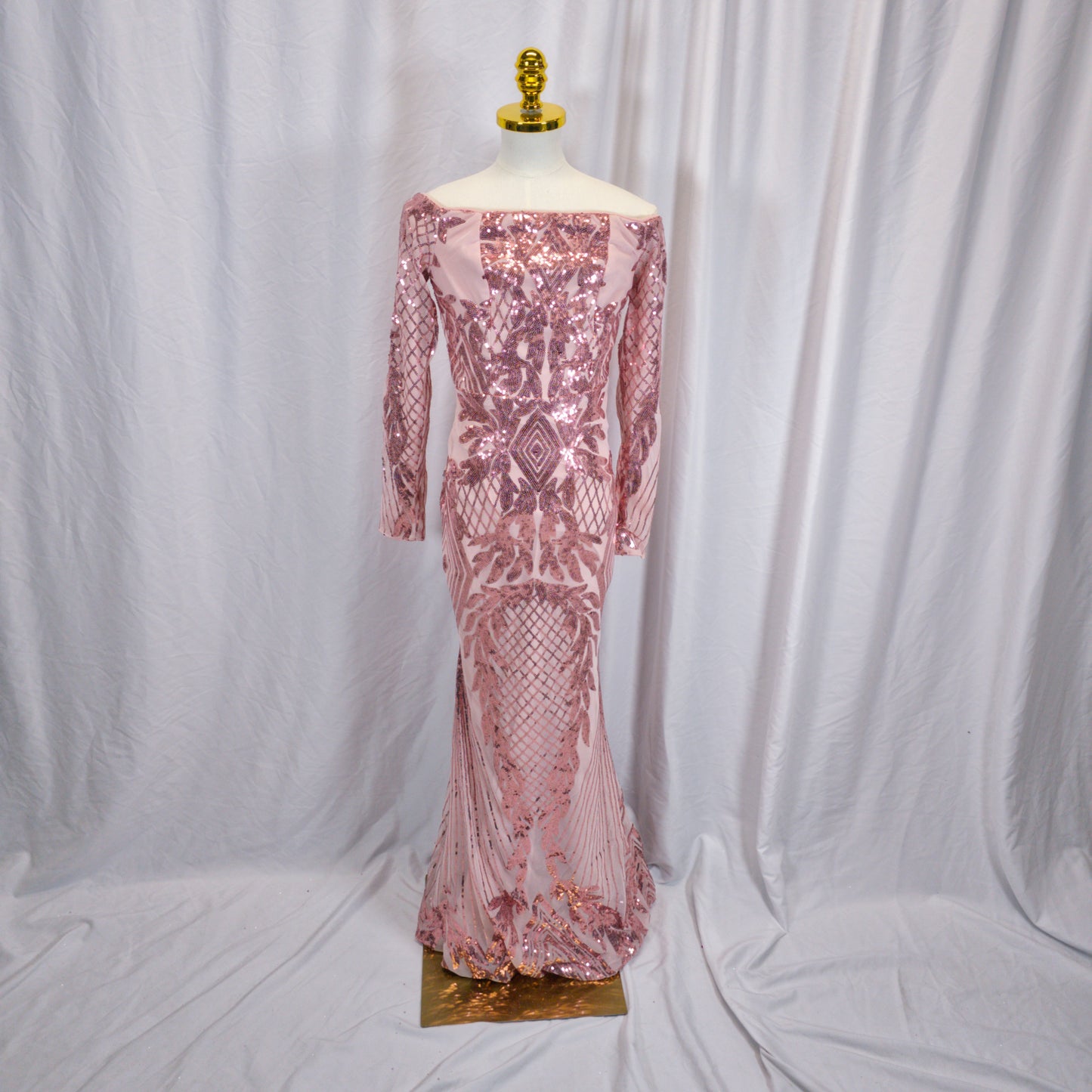 Dazzling Rose Gold Sequin Off-Shoulder Gown for Glam Events